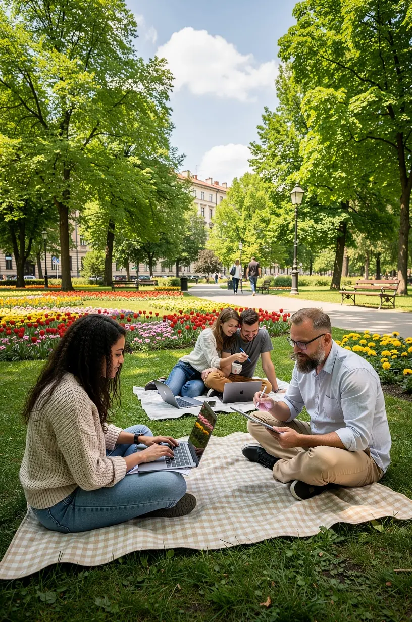 Stół z uporządkowanymi narzędziami pracy: laptopem, smartfonem i plannerem, gotowy do działania.